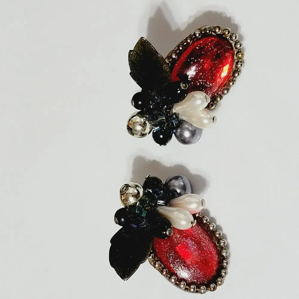 Vintage Statement Pierced Earrings, Red Lucite, 1.25